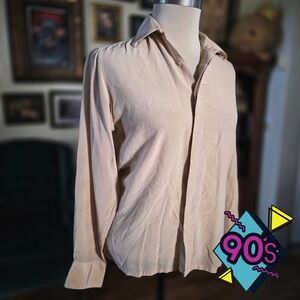 Silk Blouse La Chemise Vintage 90s Tan Crepe de Chine Button Down Shirt Small 79
